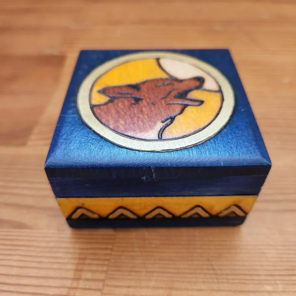 Wooden box by EWB Enchanted World Boxes Etched Wolf Howling Moon Southwestern